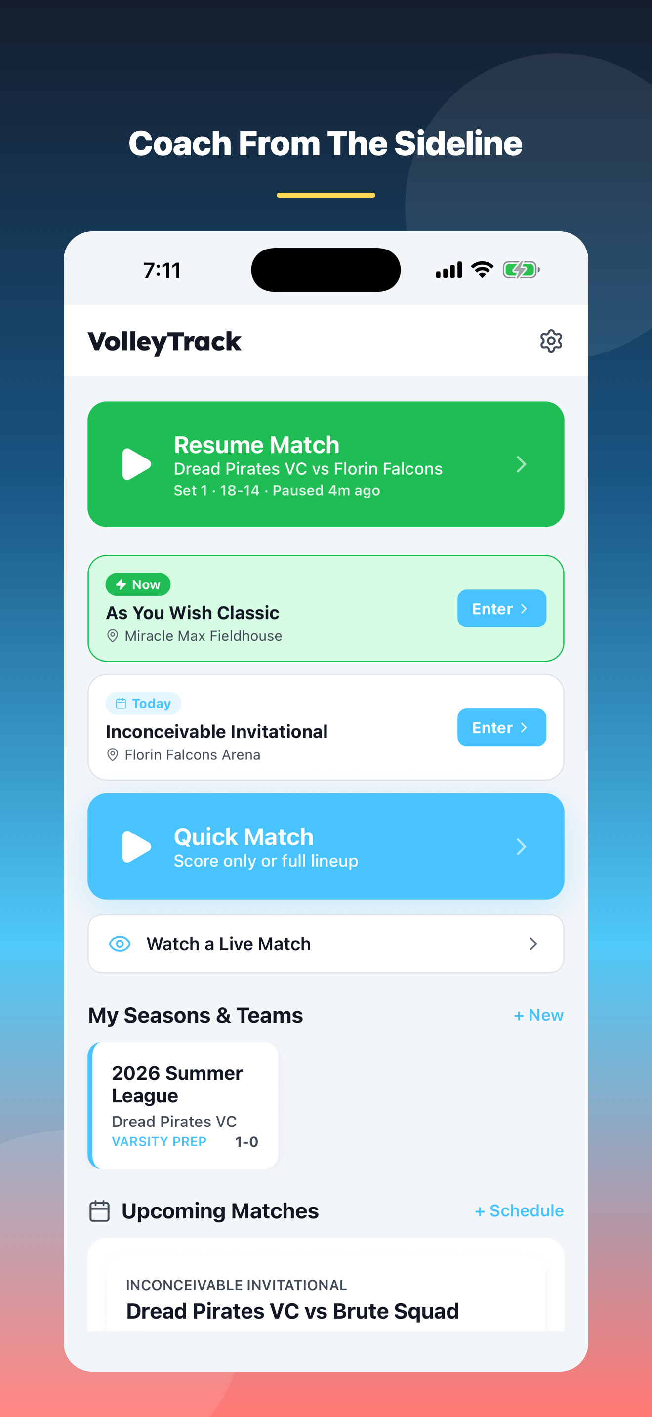 VolleyTrack dashboard for coaching from the sideline