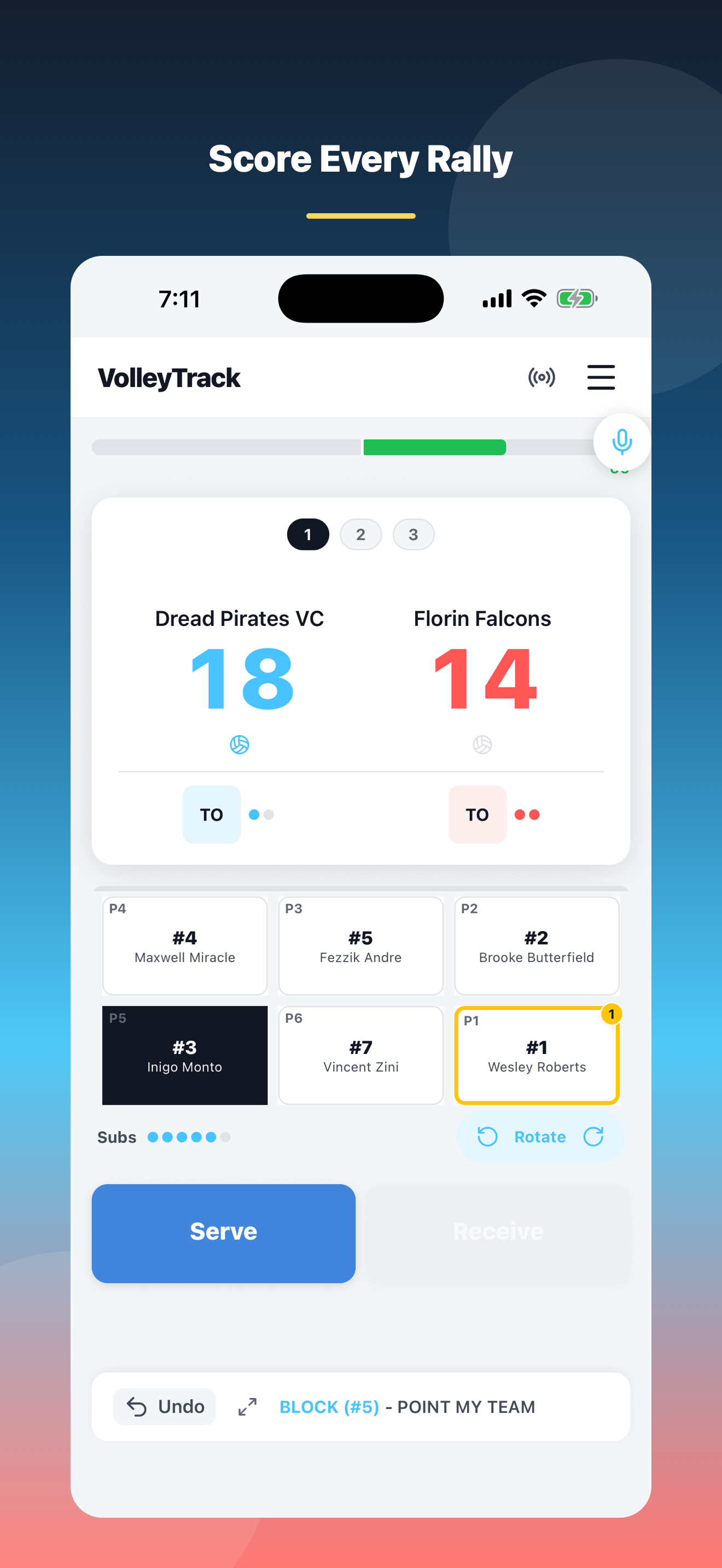 VolleyTrack live scoring screen