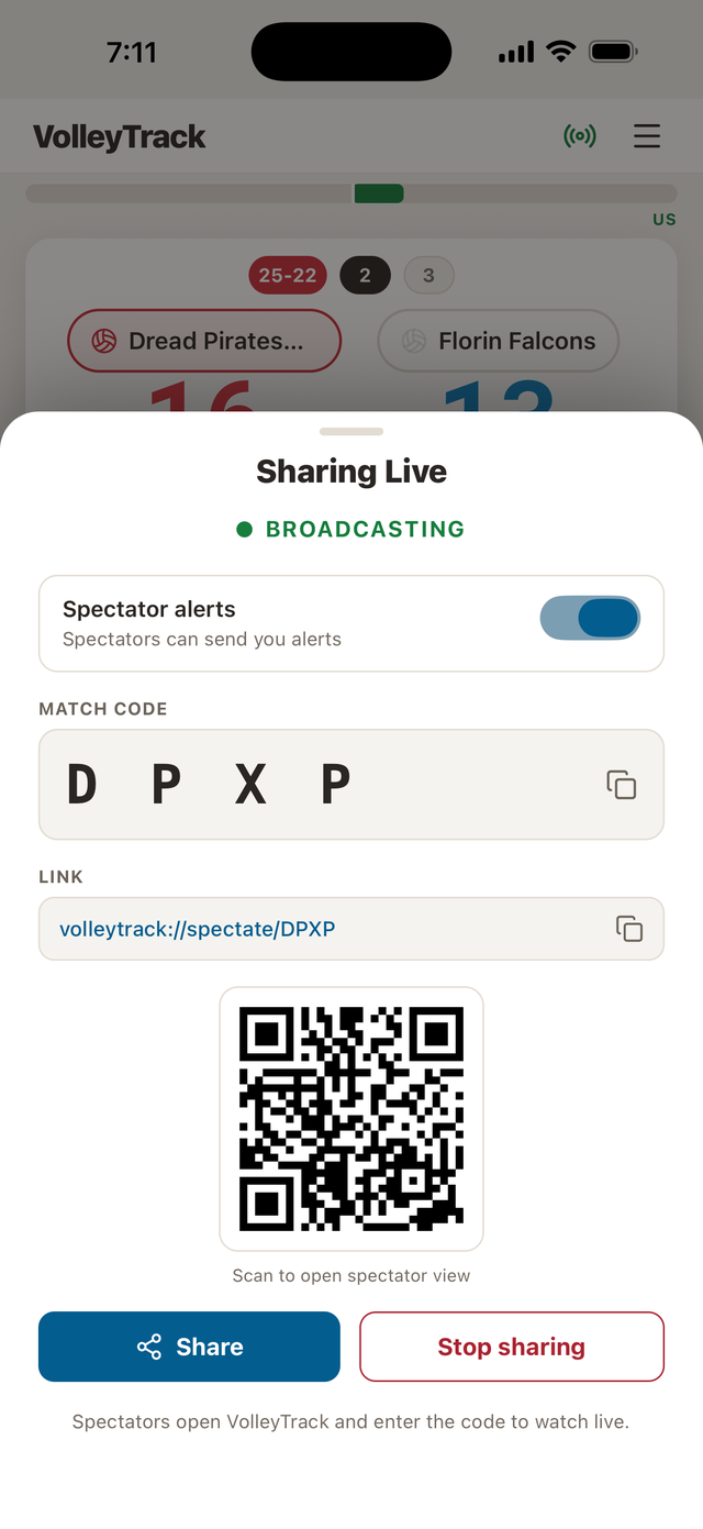 VolleyTrack Sharing Live sheet with the four-character match code DPXP, share link, and QR code for Spectator View