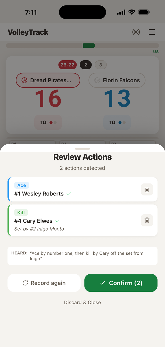 VolleyTrack voice review: the transcript and suggested match actions shown for review before they are applied to the match