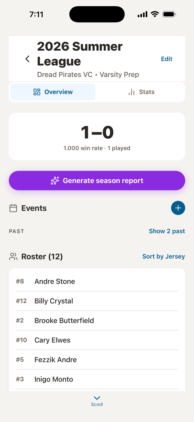 VolleyTrack season screen with team record, events, and a sortable twelve-player roster