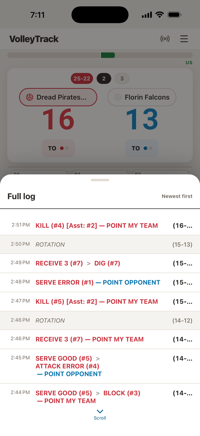 VolleyTrack full activity log with timestamped rally entries and score adjustments