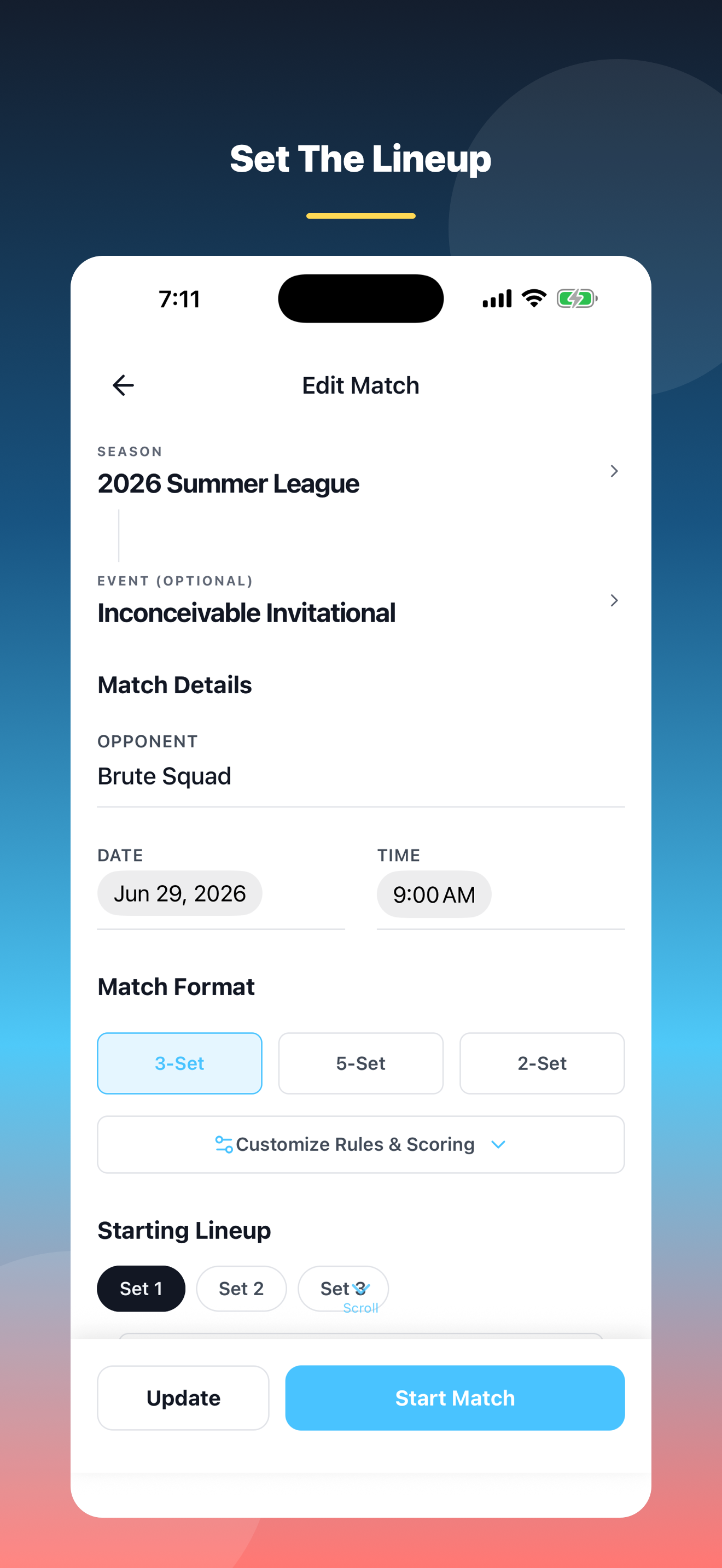 VolleyTrack lineup setup